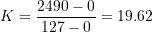 \[K=\frac{2490-0}{127-0}=19.62\]